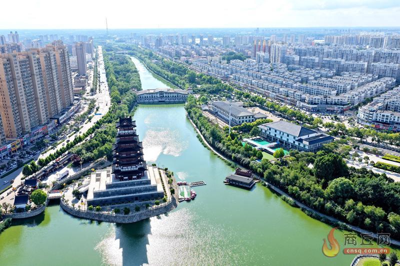 航拍夏邑古运河畔长寿阁 绿树葱郁宜居之城入画来
